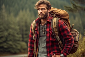 Handsome bearded man with backpack in the autumn forest. Travel and adventure concept