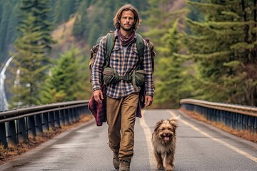 Handsome bearded man with backpack in the autumn forest. Travel and adventure concept