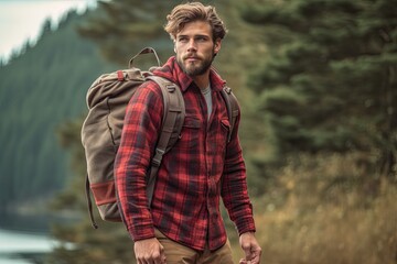 Handsome bearded man with backpack in the autumn forest. Travel and adventure concept