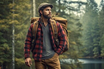 Handsome bearded man with backpack in the autumn forest. Travel and adventure concept