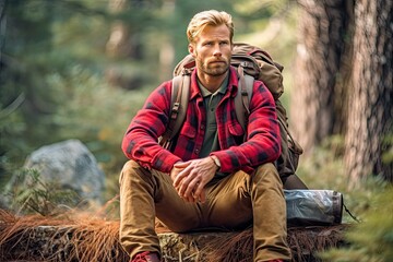 Handsome bearded man with backpack in the autumn forest. Travel and adventure concept
