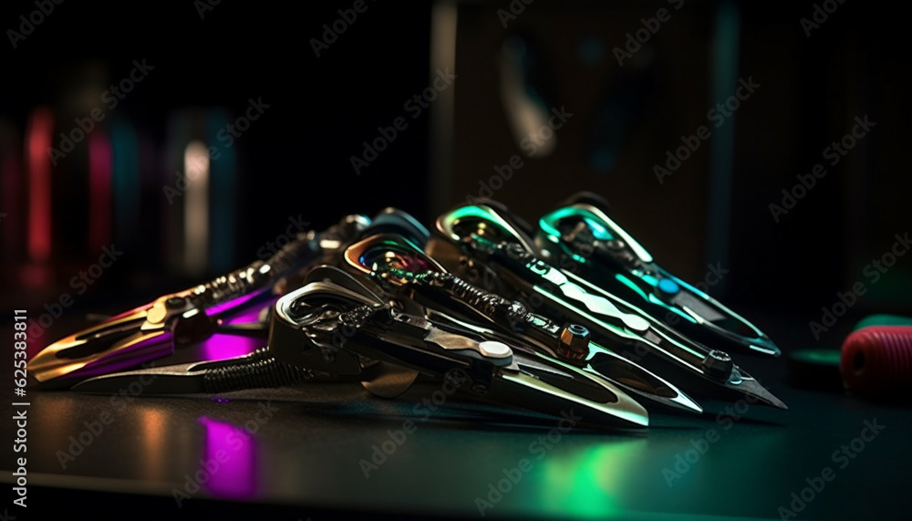Poster metallic tools in a row on a shiny table background generated by ai