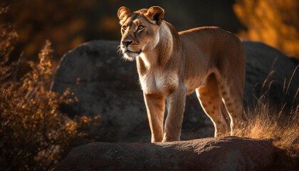 Obraz premium Majestic lioness walking in the savannah, alertness in her eyes generated by AI