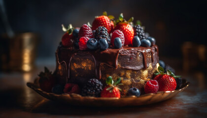 Naklejka premium Indulgent homemade berry cheesecake with chocolate sauce on rustic wood table generated by AI
