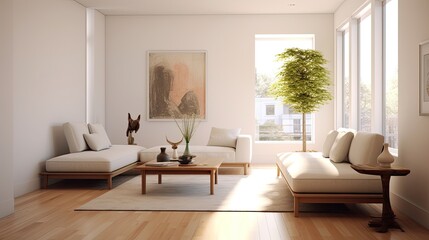 Modern luxury spacious penthouse living room interior design with comfortable sofa, coffee table