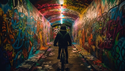 Young adults cycling through the city streets at night, illuminated by backlit graffiti generated by AI