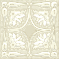 Vector tile pattern, floral talavera ceramic mosaic. Mediterranean ornament. Glazed relief white tile 