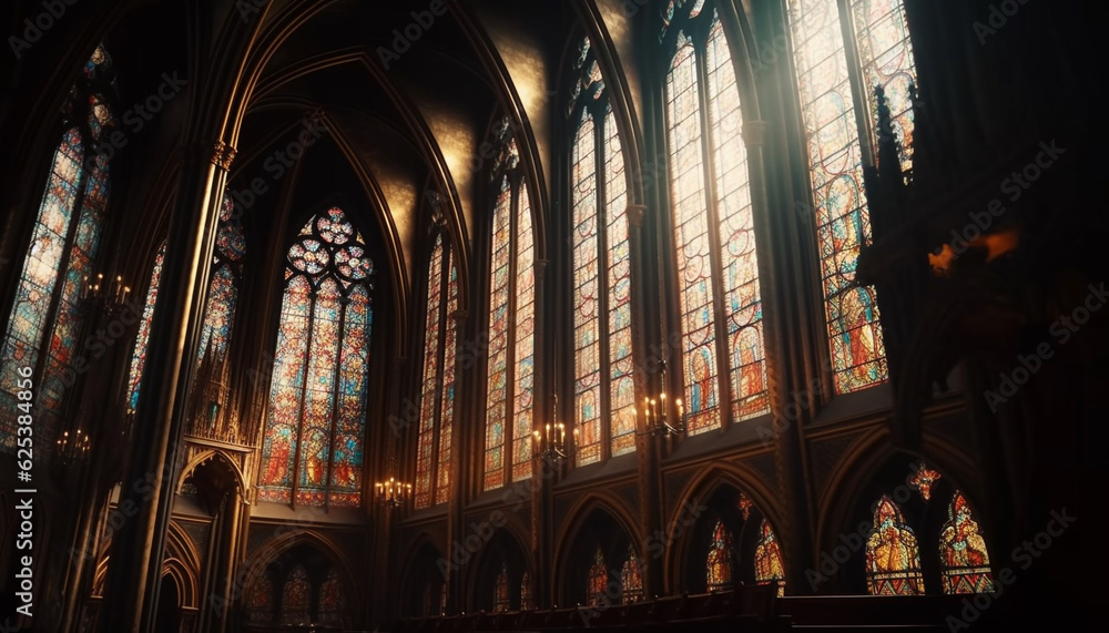 Wall mural gothic architecture and stained glass illuminate majestic basilica interior generated by ai