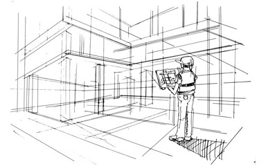 construction site line drawings for buildings and engineers ,a line drawing Using interior architecture, assembling graphics, working in architecture, and interior design