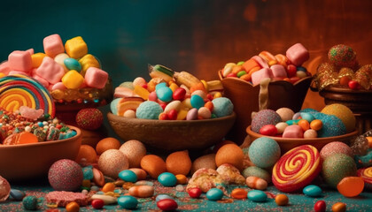 Fototapeta na wymiar A large bowl of colorful candy, a sweet indulgence generated by AI