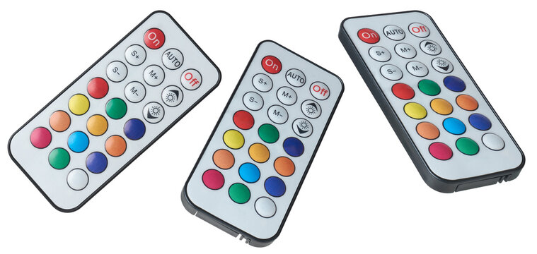 small infrared remote control keyboard for led color equipment, rgb lighting, computer desktop fan and other electronic devices, isolated on white background in different angles