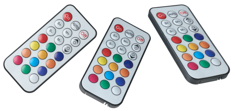 small infrared remote control keyboard for led color equipment, rgb lighting, computer desktop fan and other electronic devices, isolated on white background in different angles