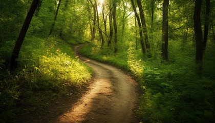 Obraz premium Tranquil forest footpath leads to mysterious mountain wilderness adventure generated by AI