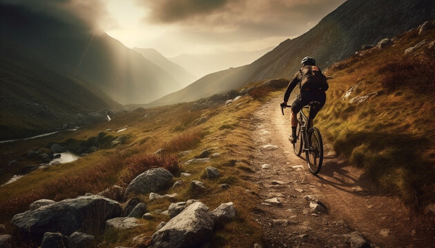 Men and women cycle through extreme terrain, enjoying mountain biking generated by AI
