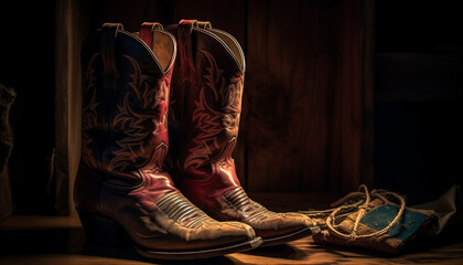 Rustic leather cowboy boots with shiny spurs for outdoor fashion generated by AI - obrazy, fototapety, plakaty