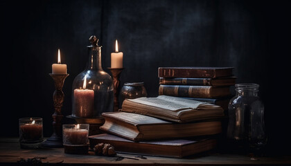 Antique candle illuminates old fashioned library, igniting passion for learning generated by AI