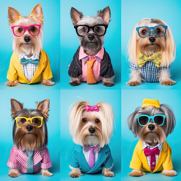 Six adorable Yorkie dogs dressed professionally, ready to conquer the world with cuteness and style showcasing their unique personalities through a variety of professional clothing.
