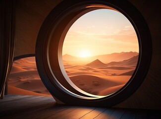View from the round window at desert sand dune sunset. Generative AI