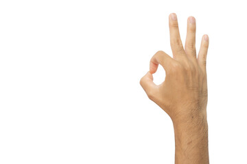 Cropped shot of someone hand showing OK gesture on isolated background. The 