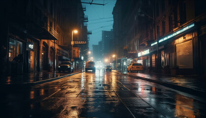 Fototapeta na wymiar Nighttime city life traffic, rain, blurred motion, illuminated skyscrapers generated by AI