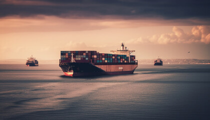 Container ship carrying cargo containers at sunset on the water generated by AI