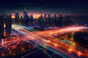 Fototapeta na wymiar Smart digital city with high speed light trail 