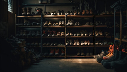 Large collection of leather shoes in a modern shoe store generated by AI