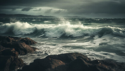 Dramatic sky, crashing waves, wet rocks, awe inspiring beauty in nature generated by AI