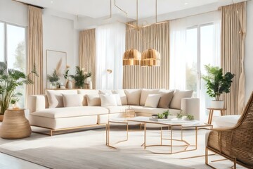 Fototapeta premium A modern living room with a neutral sofa and bright light is ideal for home decorating ads.