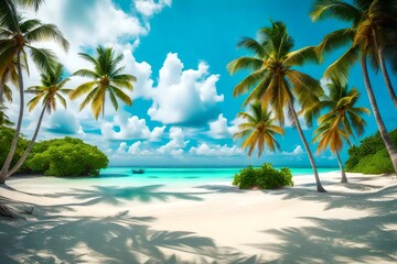 Beautiful beach with white sand and palm trees generated by AI tool