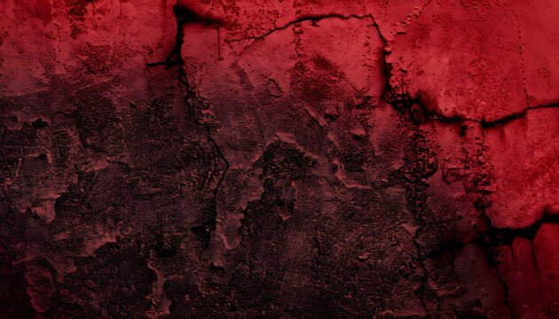 Close-up Distressed, Wallpaper,  Broken, Crushed, Collapsed, Destruction, Black Dark Navy Red Texture Background For Design. Toned Rough Concrete Surface. A Painted Old Building Wall With Cracks.