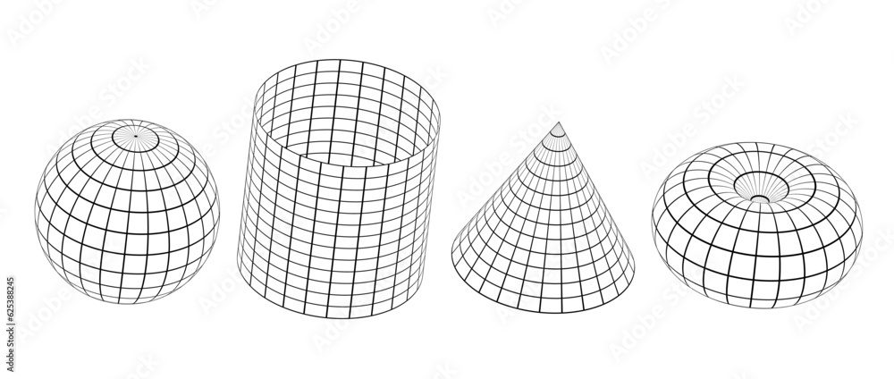 Poster Wireframe shapes collection. 3d outline sphere, cylinder, cone and torus. Black geometric elements for design templates, icons, logo. Abstract lattice objects with connected lines. Vector pack