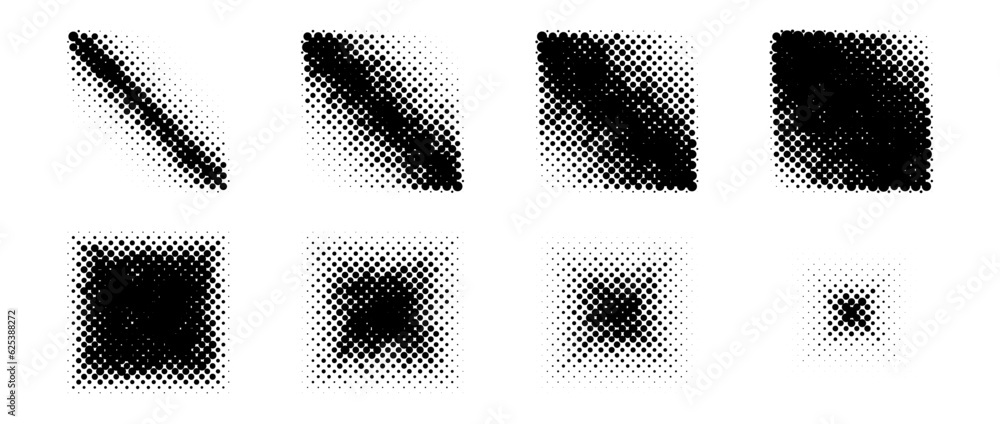 Aufkleber Halftone gradient square shapes set. Dotted sand texture cubes collection. Diagonal linear and radial fading gradient in comic and pop art style. Black Pixelated design elements bundle. Vector pack