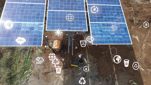 Environmental technology concept. Sustainable development goals. SDGs. Solar panels. Drone flying over the solar panels in kenya. kenya adpting green technology . nature conservation. Solar grids