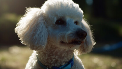 Cute purebred puppy sitting in grass, looking at camera obediently generated by AI