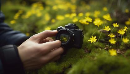 Caucasian photographer holding SLR camera, photographing flower in meadow generated by AI - obrazy, fototapety, plakaty