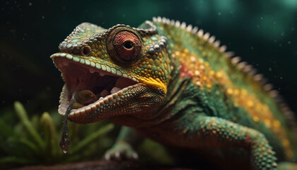 Fototapeta premium Green lizard in tropical forest, horned and cute, selective focus generated by AI