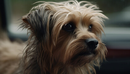 Cute purebred terrier puppy sitting outdoors, looking at camera with wet fluffy hair generated by AI