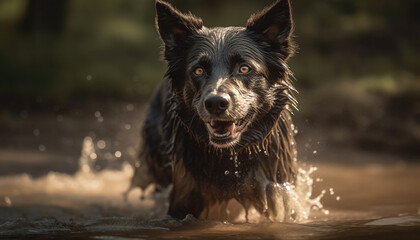 Playful puppy splashing in nature water, loyal friend by side generated by AI