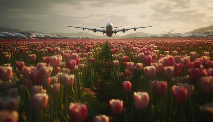 Flying airplane over vibrant meadow with tulips and multi colored flowers generated by AI