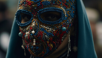 Indigenous beauty in traditional clothing, adorned with feather necklace and mask generated by AI