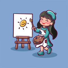 Happy cute little kid girl drawing on canvas