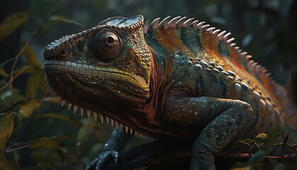 Fototapeta premium Spooky horned iguana, a large reptile in tropical rainforest generated by AI
