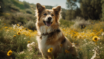 Cute puppy sitting in meadow, surrounded by yellow flowers and nature generated by AI