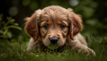Cute puppy sitting on green grass, looking at camera playfully generated by AI