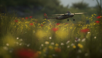 Flying air vehicle hovering over meadow with propeller and flower generated by AI