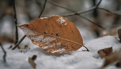 Obraz premium Vibrant autumn foliage on frosty branches in snowy forest scene generated by AI