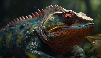 Fototapeta premium Multi colored iguana in tropical rainforest, looking at camera generated by AI