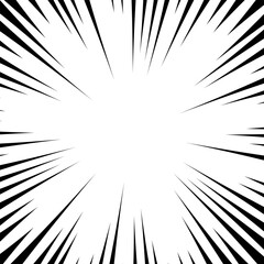 Comic book white and black radial lines background. Superhero action, explosion background, manga speed frame, vector illustration