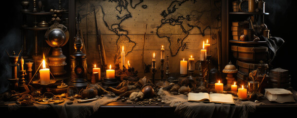 pirate captains desk with map and different tools, lit by oil lamps, wallpaper background image